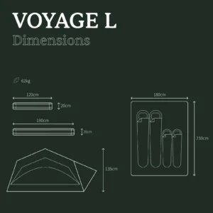 Schéma des dimensions de la tente de toit Voyage L Go Overland, vue ouverte et fermée