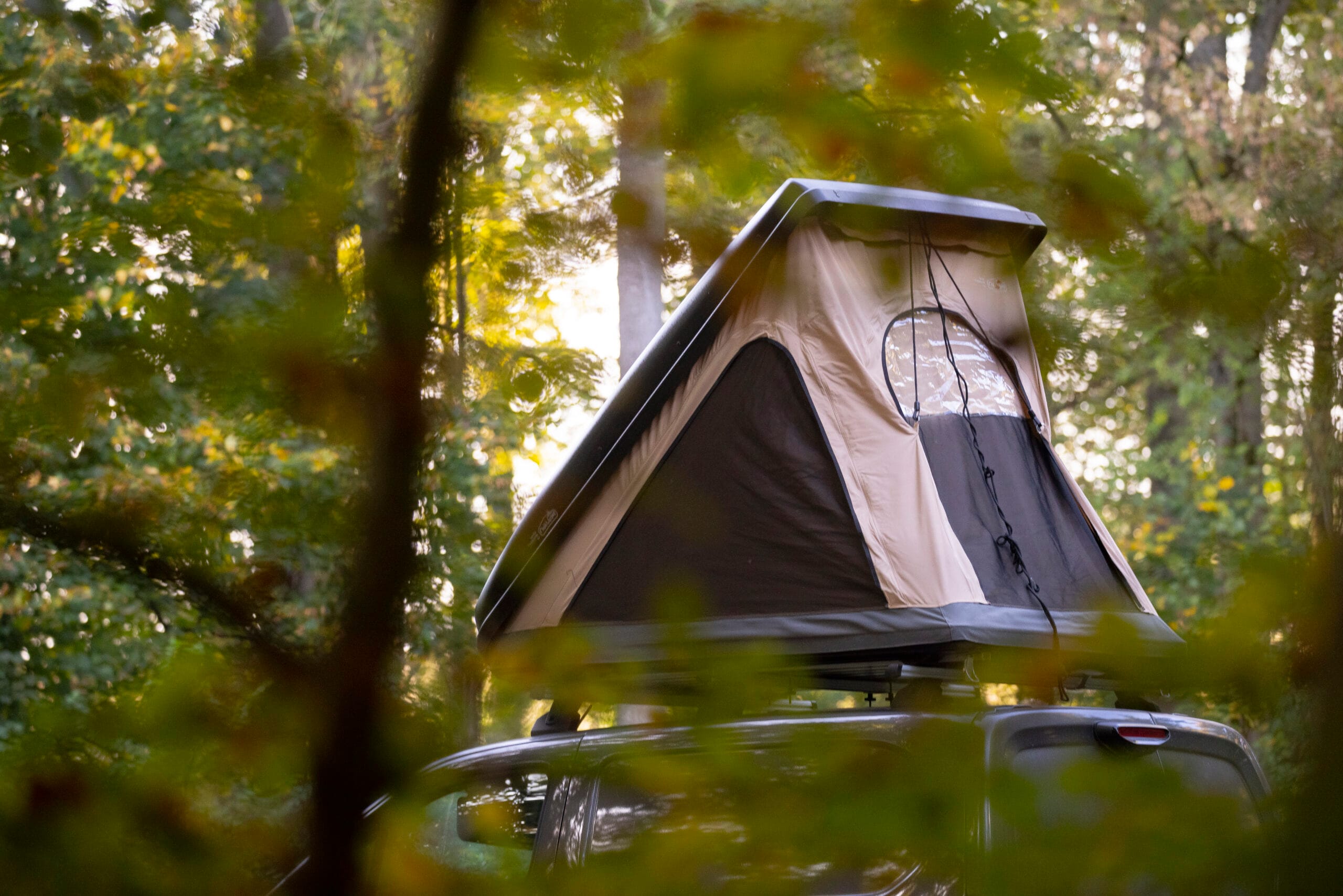 Tente de toit NaïtUp Duö ouverte en milieu forestier