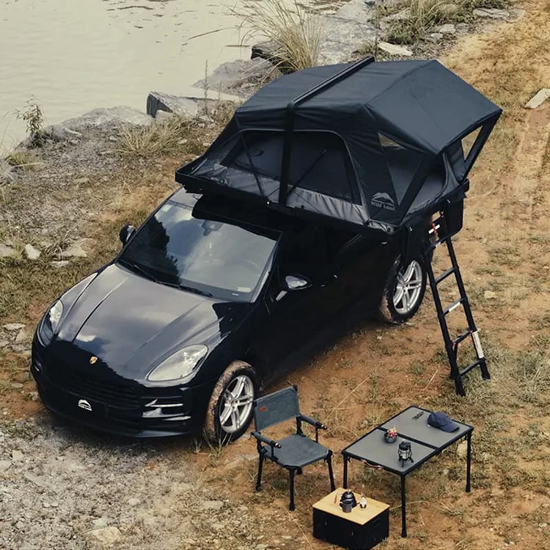 Tente de toit Wildland Orthframe ouverte vue aérienne en bivouac